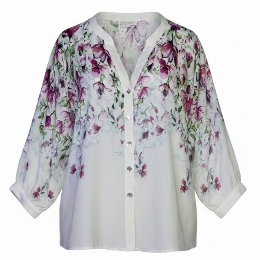 Fig + Flower Womens Small Floral Button Front Blouse White Purple 3/4 Sleeve NEW